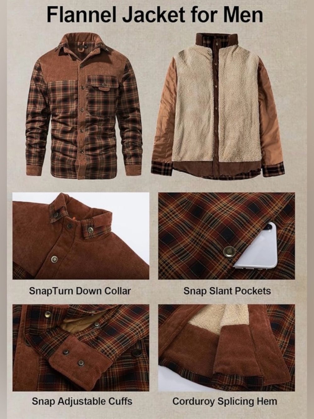 Men's Reddish Brown Flannel Corduroy-Lined Jacket